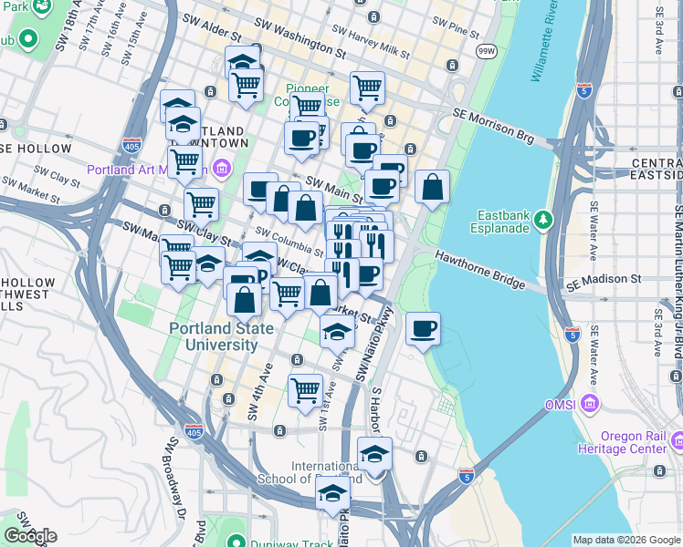 map of restaurants, bars, coffee shops, grocery stores, and more near 1425 Southwest 2nd Avenue in Portland