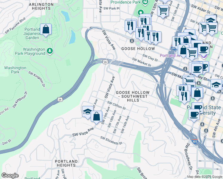 map of restaurants, bars, coffee shops, grocery stores, and more near 1934 Southwest Vista Avenue in Portland