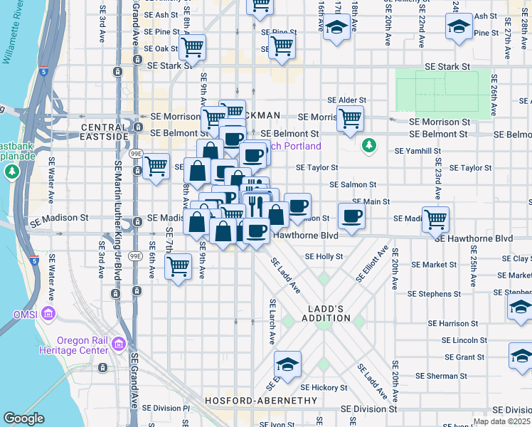 map of restaurants, bars, coffee shops, grocery stores, and more near 1340 Southeast 12th Avenue in Portland