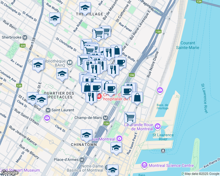 map of restaurants, bars, coffee shops, grocery stores, and more near 1043 Rue Berri in Montréal