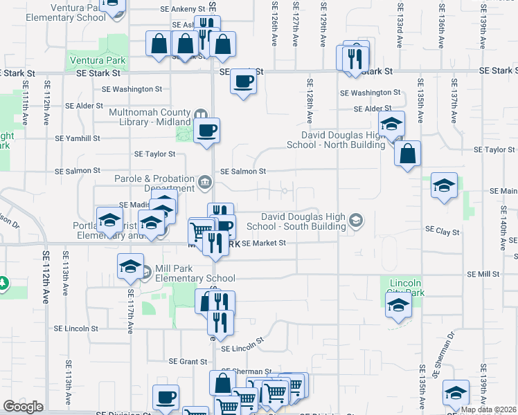 map of restaurants, bars, coffee shops, grocery stores, and more near 12441 Southeast Madison Street in Portland