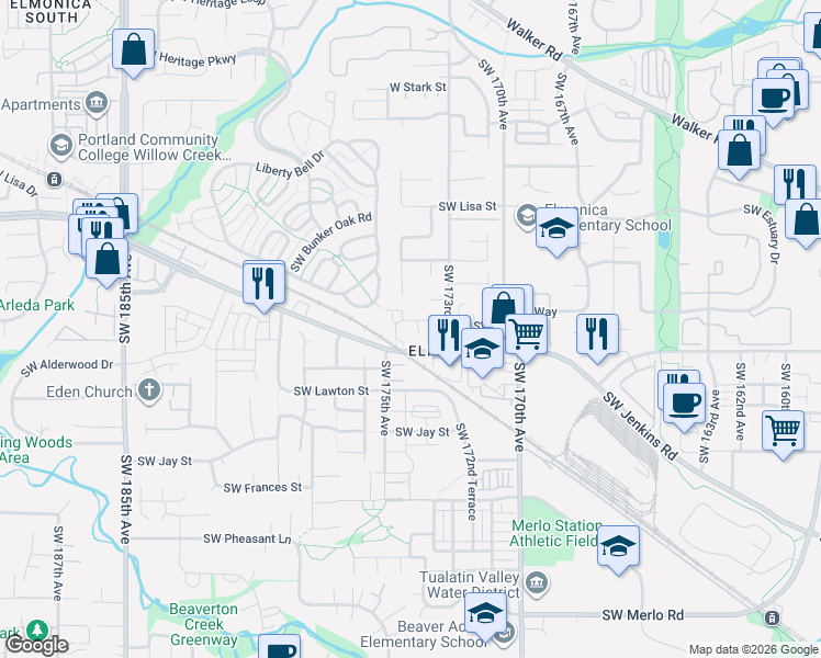 map of restaurants, bars, coffee shops, grocery stores, and more near 909 Southwest 174th Place in Beaverton