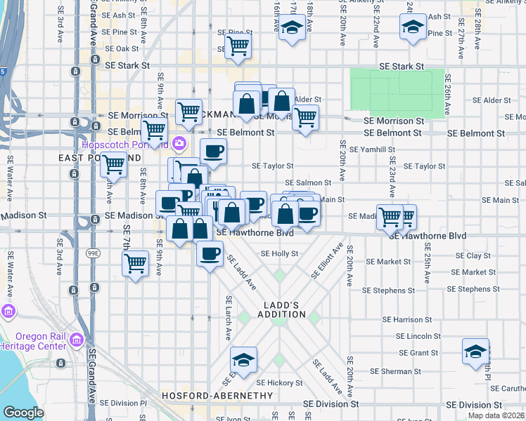 map of restaurants, bars, coffee shops, grocery stores, and more near 1505 Southeast Madison Street in Portland