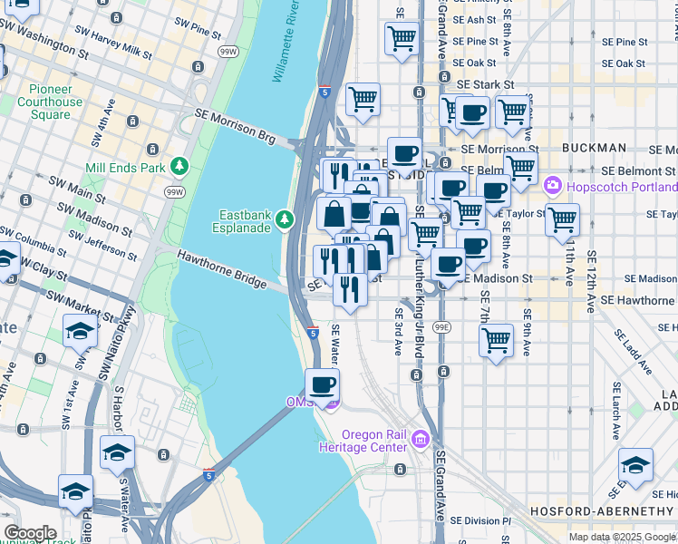 map of restaurants, bars, coffee shops, grocery stores, and more near 1332 Southeast Water Avenue in Portland