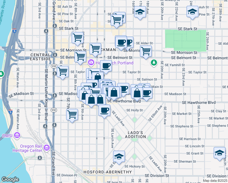 map of restaurants, bars, coffee shops, grocery stores, and more near 1315 Southeast Madison Street in Portland