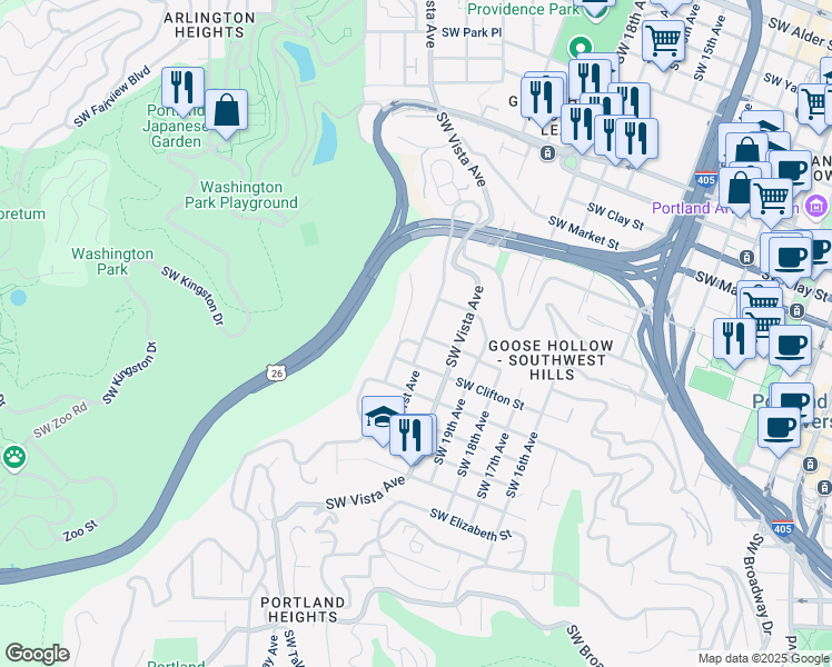 map of restaurants, bars, coffee shops, grocery stores, and more near 1975 Southwest Montgomery Drive in Portland