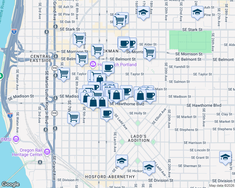 map of restaurants, bars, coffee shops, grocery stores, and more near 1315 Southeast Madison Street in Portland