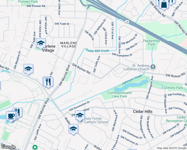 map of restaurants, bars, coffee shops, grocery stores, and more near Southwest 134th Avenue in Washington County
