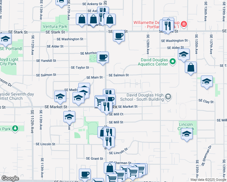 map of restaurants, bars, coffee shops, grocery stores, and more near 12303 Southeast Madison Street in Portland