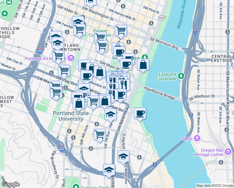 map of restaurants, bars, coffee shops, grocery stores, and more near 1425 Southwest 2nd Avenue in Portland