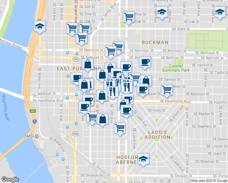 map of restaurants, bars, coffee shops, grocery stores, and more near 1001 SE Madison St in Portland