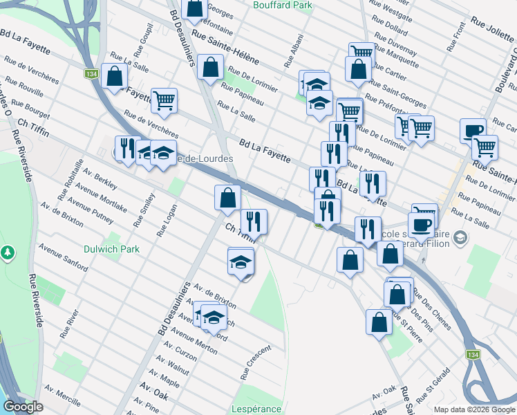 map of restaurants, bars, coffee shops, grocery stores, and more near Boulevard Taschereau in Longueuil