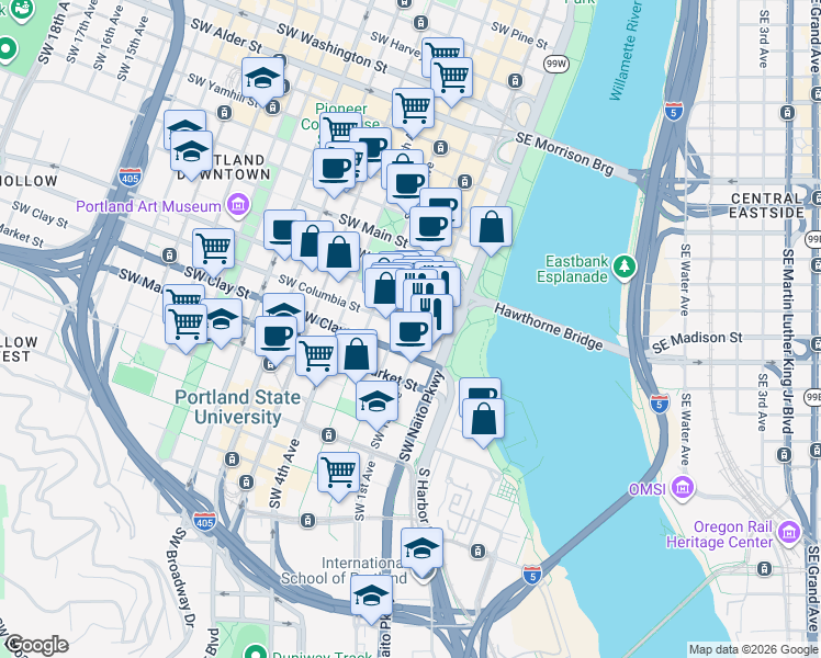 map of restaurants, bars, coffee shops, grocery stores, and more near 100 Southwest Columbia Street in Portland