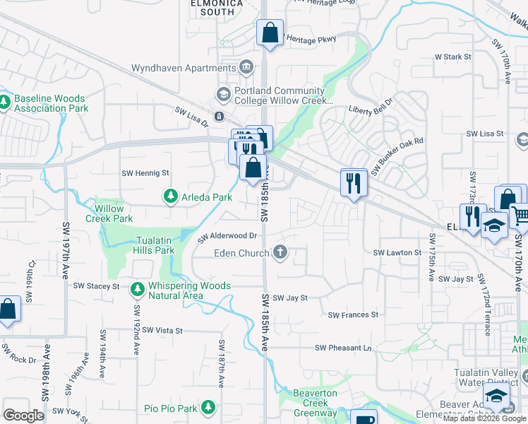 map of restaurants, bars, coffee shops, grocery stores, and more near 875 Southwest 185th Avenue in Beaverton
