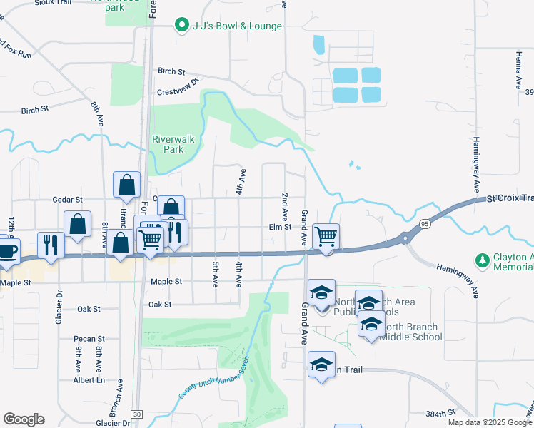 map of restaurants, bars, coffee shops, grocery stores, and more near 6686 Elm Street in North Branch