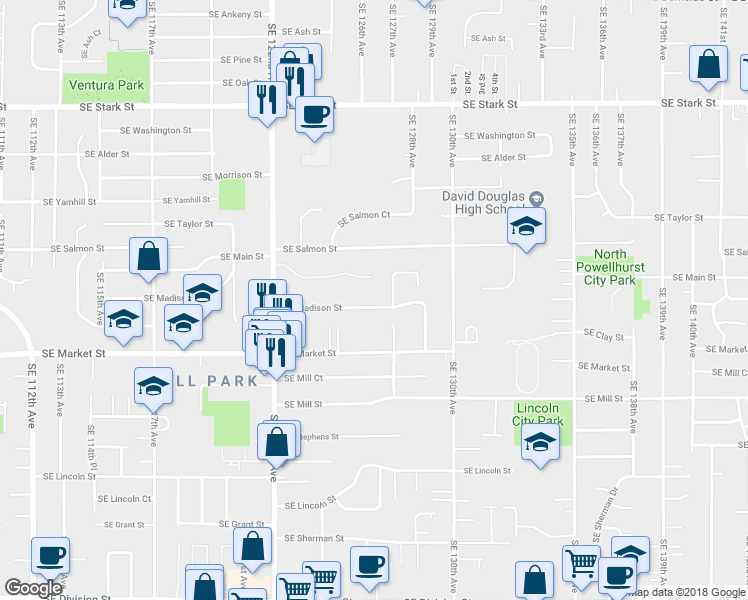 map of restaurants, bars, coffee shops, grocery stores, and more near 12615 Southeast Madison Street in Portland