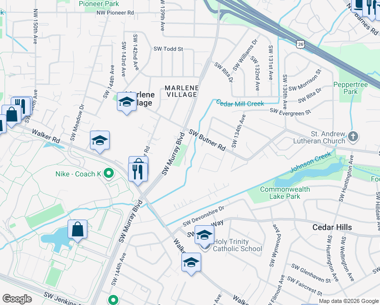 map of restaurants, bars, coffee shops, grocery stores, and more near 13720 Southwest Butner Road in Beaverton