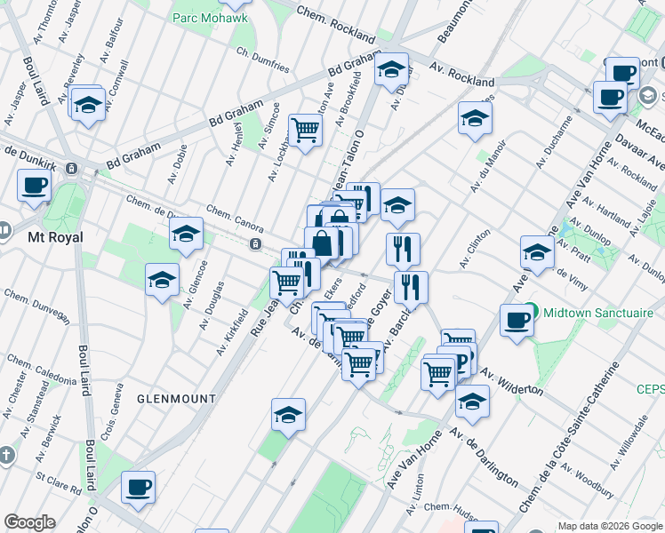 map of restaurants, bars, coffee shops, grocery stores, and more near 6955 Avenue Wilderton in Montreal