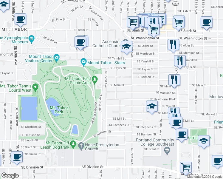map of restaurants, bars, coffee shops, grocery stores, and more near 7235 Southeast Madison Street in Portland