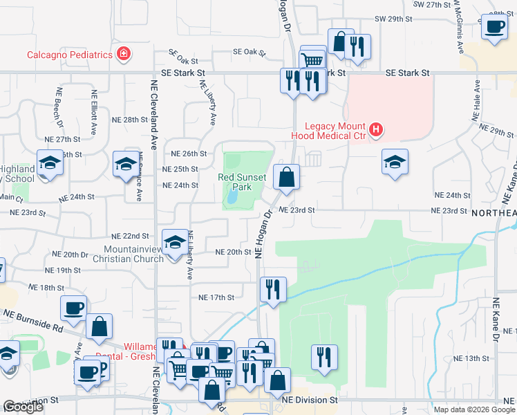 map of restaurants, bars, coffee shops, grocery stores, and more near 1645 Northeast 20th Street in Gresham