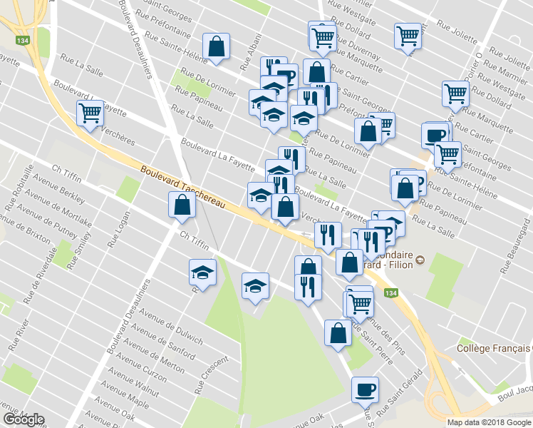 map of restaurants, bars, coffee shops, grocery stores, and more near 1315 Boulevard Taschereau in Longueuil