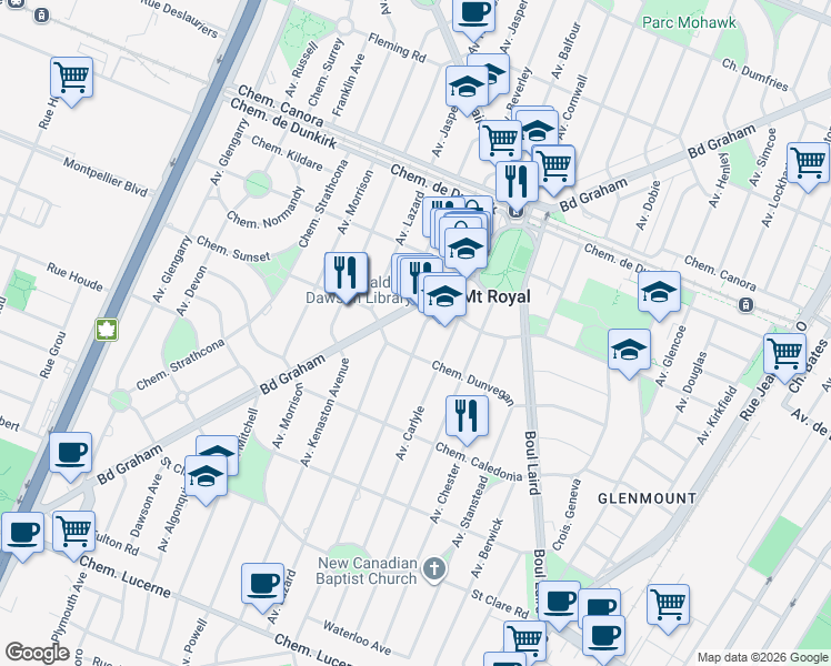 map of restaurants, bars, coffee shops, grocery stores, and more near in Mount Royal