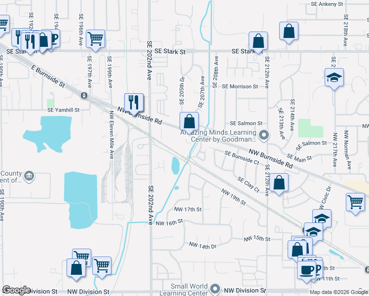 map of restaurants, bars, coffee shops, grocery stores, and more near 2344 Northwest Birdsdale Avenue in Gresham