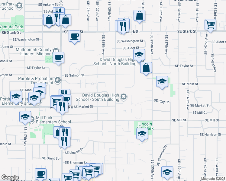 map of restaurants, bars, coffee shops, grocery stores, and more near 1409 Southeast 130th Avenue in Portland