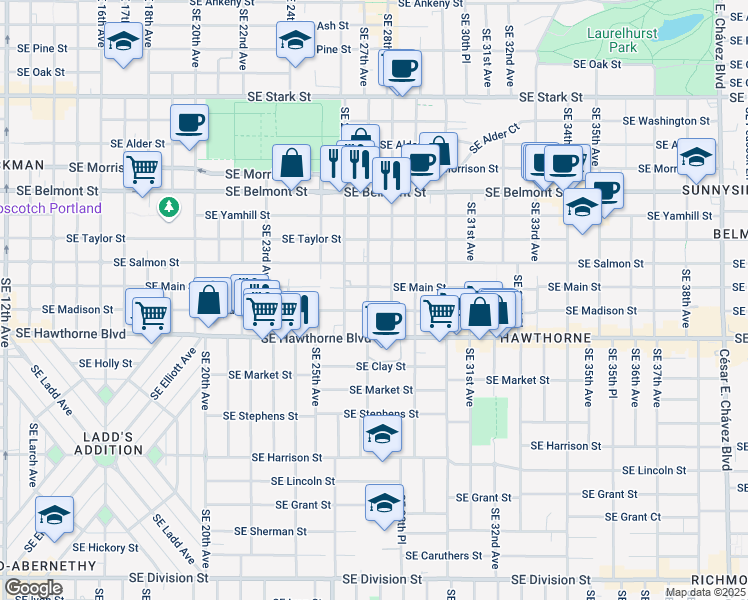 map of restaurants, bars, coffee shops, grocery stores, and more near 2635 Southeast Madison Street in Portland
