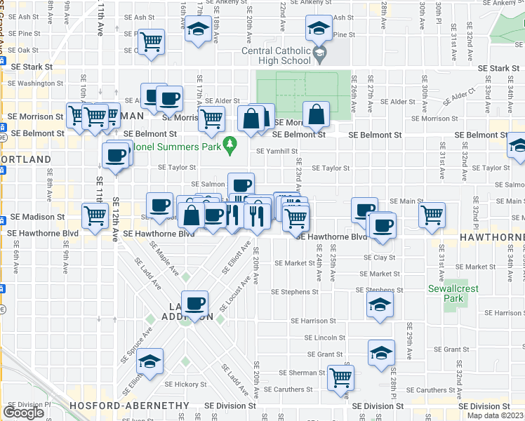 map of restaurants, bars, coffee shops, grocery stores, and more near 11 Southeast Madison Street in Portland