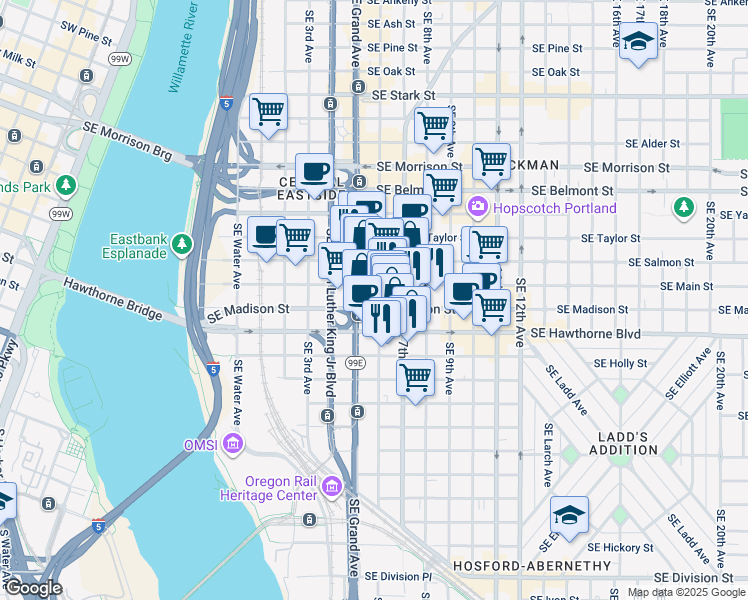 map of restaurants, bars, coffee shops, grocery stores, and more near in Portland