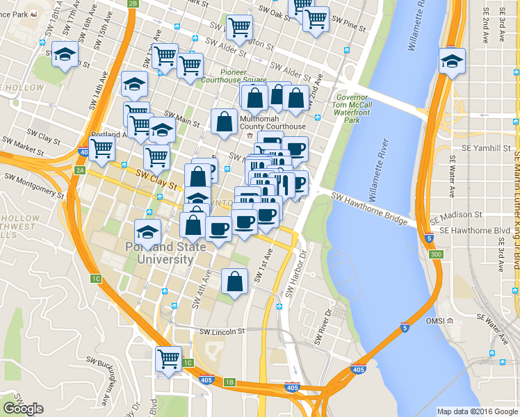 map of restaurants, bars, coffee shops, grocery stores, and more near 1425 Southwest 2nd Avenue in Portland