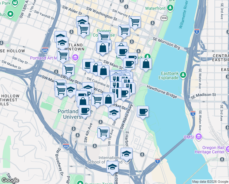 map of restaurants, bars, coffee shops, grocery stores, and more near 1414 Southwest 3rd Avenue in Portland
