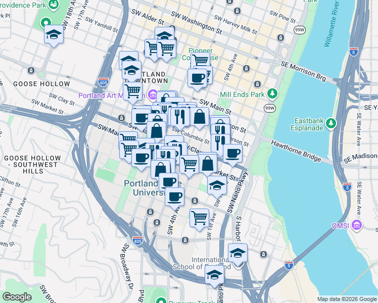 map of restaurants, bars, coffee shops, grocery stores, and more near in Portland