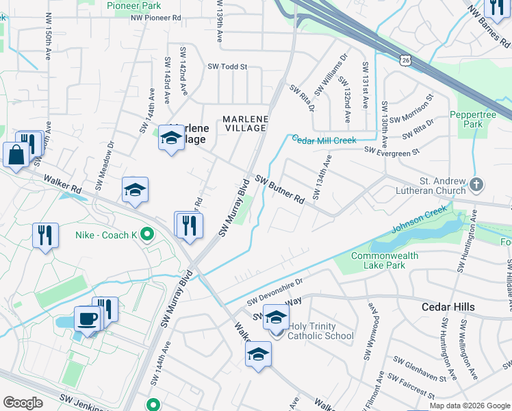 map of restaurants, bars, coffee shops, grocery stores, and more near 13720 Southwest Butner Road in Beaverton