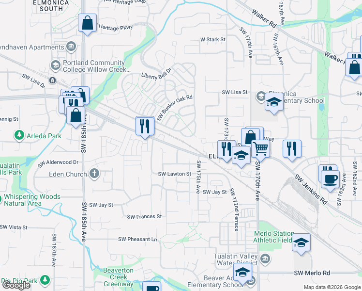 map of restaurants, bars, coffee shops, grocery stores, and more near 962 Southwest 177th Terrace in Beaverton
