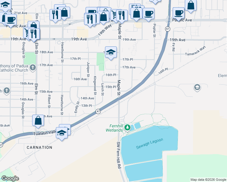 map of restaurants, bars, coffee shops, grocery stores, and more near 1412 Maple Street in Forest Grove
