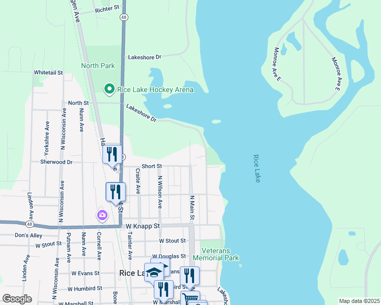 map of restaurants, bars, coffee shops, grocery stores, and more near 1035 North Main Street in Rice Lake