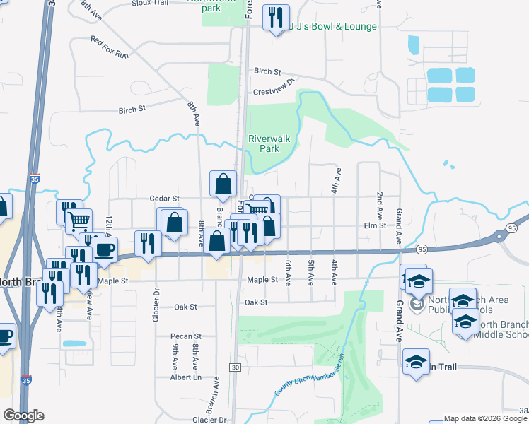map of restaurants, bars, coffee shops, grocery stores, and more near in North Branch
