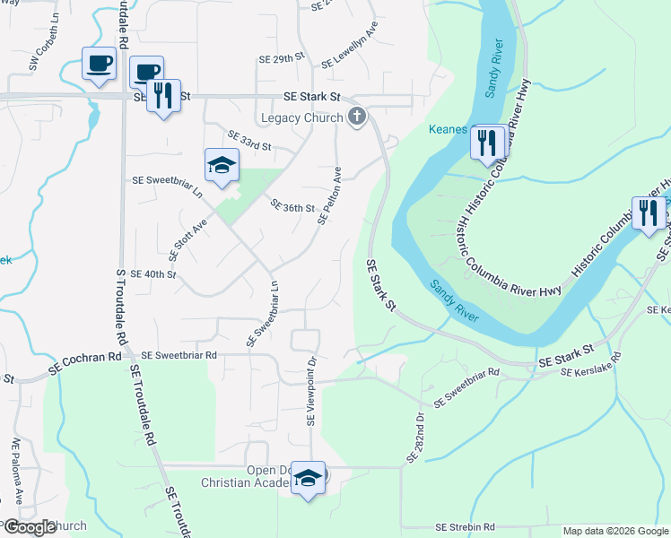 map of restaurants, bars, coffee shops, grocery stores, and more near 4110 Southeast Topaz Court in Troutdale