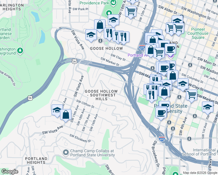 map of restaurants, bars, coffee shops, grocery stores, and more near 1518 Southwest Upper Hall Street in Portland