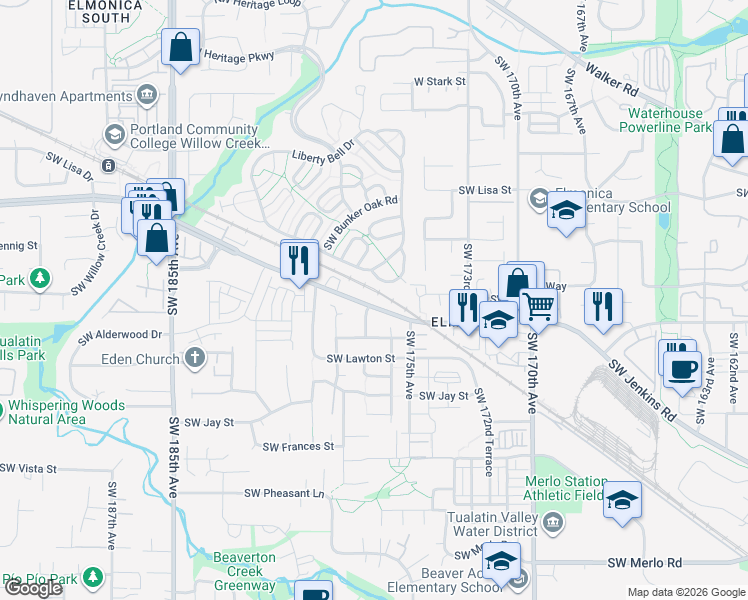 map of restaurants, bars, coffee shops, grocery stores, and more near 962 Southwest 177th Terrace in Beaverton
