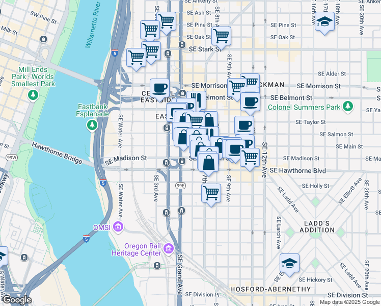 map of restaurants, bars, coffee shops, grocery stores, and more near 1323 Southeast 6th Avenue in Portland