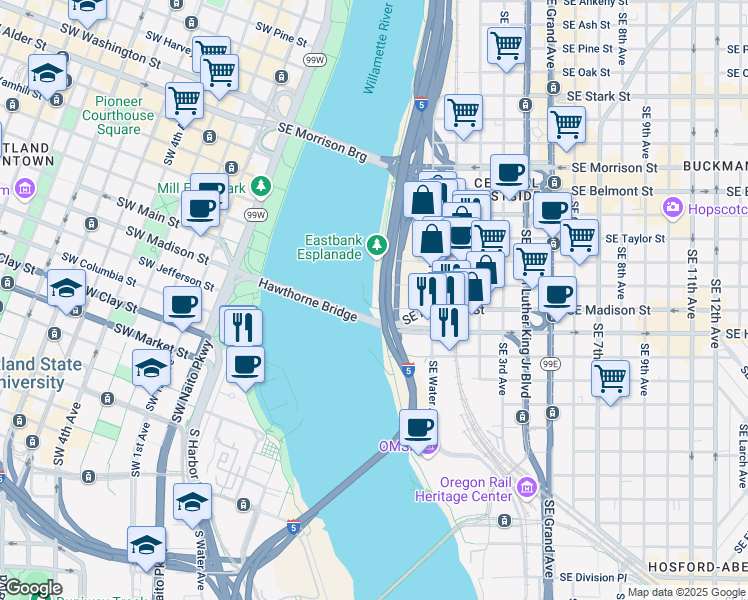 map of restaurants, bars, coffee shops, grocery stores, and more near 5 Southeast Madison Street in Portland