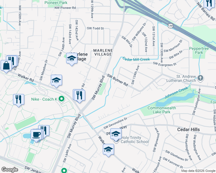 map of restaurants, bars, coffee shops, grocery stores, and more near 13720 Southwest Butner Road in Beaverton