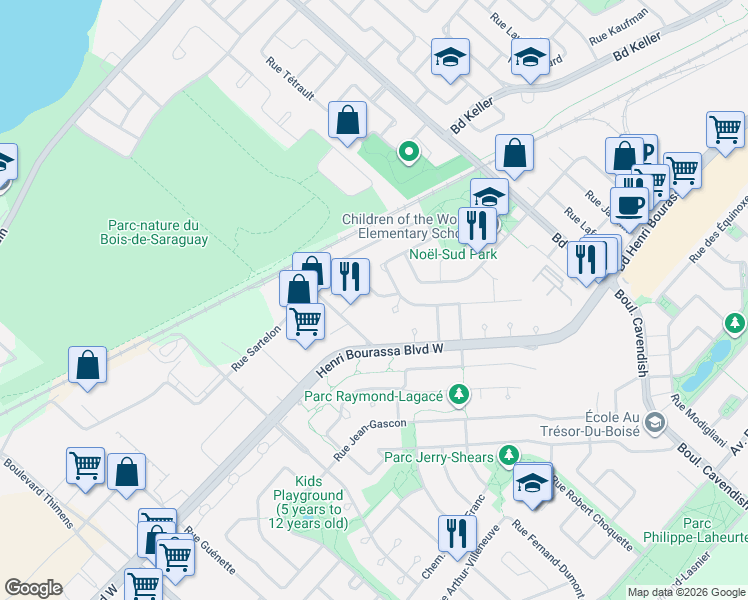 map of restaurants, bars, coffee shops, grocery stores, and more near 3221 Rue Noorduyn in Montréal