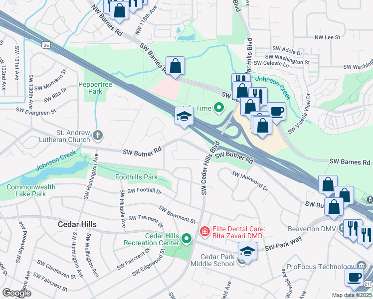 map of restaurants, bars, coffee shops, grocery stores, and more near 905 Southwest Cedar Hills Boulevard in Portland