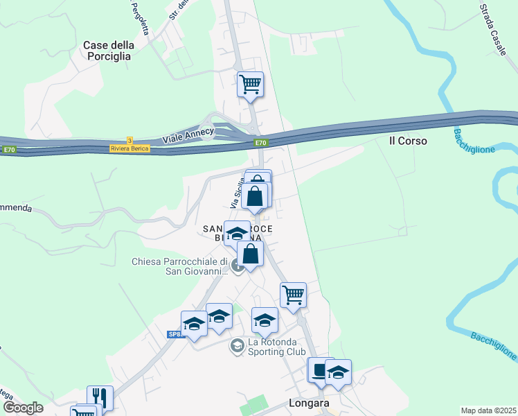 map of restaurants, bars, coffee shops, grocery stores, and more near 451 Viale Riviera Berica in Vicenza
