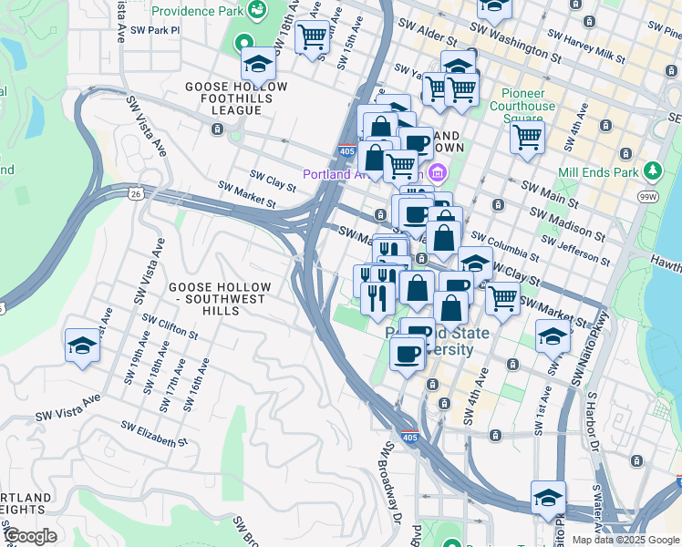 map of restaurants, bars, coffee shops, grocery stores, and more near 1136 Southwest 12th Avenue in Portland