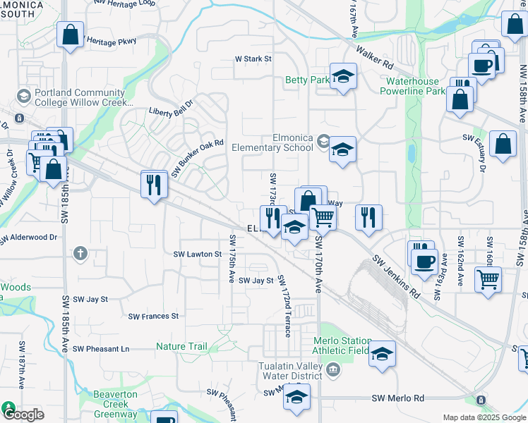 map of restaurants, bars, coffee shops, grocery stores, and more near 911 Southwest Elmonica Place in Beaverton
